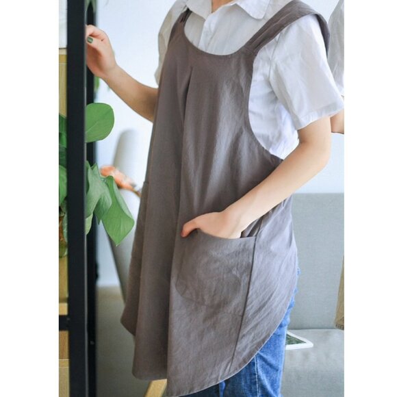 Japanese Apron Halter Cross Back Bandage X Shape Aprons Two Pockets Cotton Linen - Picture 7 of 9